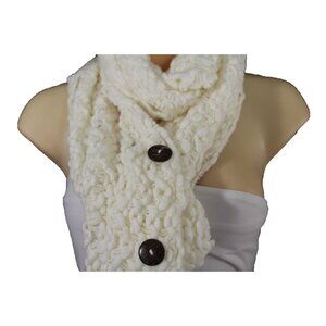 Women White Long Soft Scarf Necklace Fashion Winter Knit Soft Fabric 3 Buttons